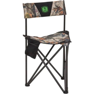 Camouflage foldable camping chair with a cup holder pouch and green logo on the backrest, metal frame and ground-level feet