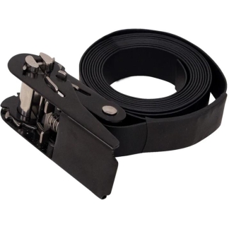 Black belt coiled beside a metal ratchet buckle/tensioner device used for securing straps.