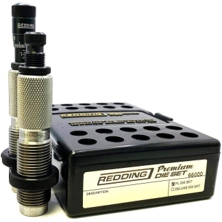 Redding Premium reloading die set with knurled metal dies and a black storage case labeled 66000