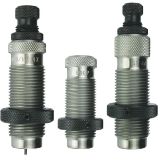 Three metal knurled-threaded adapters standing upright, showing different sizes and labels like BODY and ST 4V, used as connector fittings.