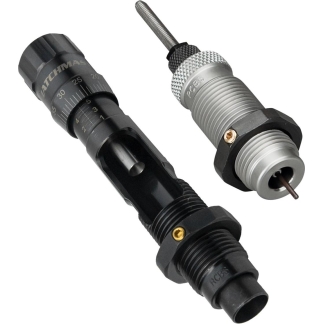 Two precision machine parts: a knurled depth-adjustment dial with scale and a threaded tool holder with a collet adapter