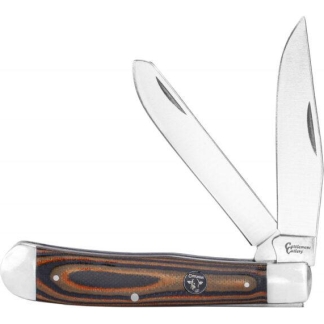 Folding pocket knife with a brown wood-grain handle and two open blades extended to the right and left.