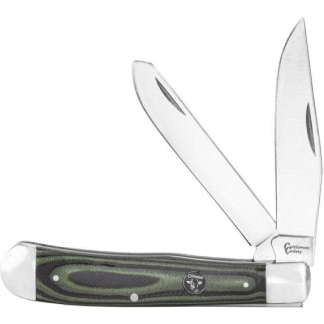 Open folding pocket knife with two blades and a green handle