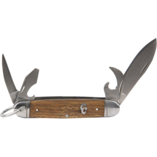 Open pocket knife with a wooden handle and multiple blades extended (large main blade on the right, bottle opener on the left, other tools visible).