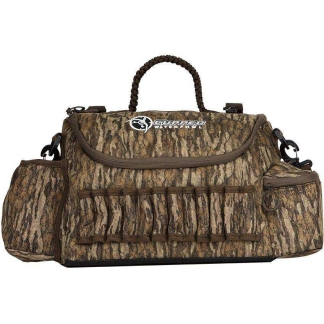 Camouflage duffel bag with multiple exterior pockets and a braided carry handle.
