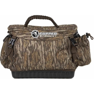 Gupped Waterfowl camouflage duffel bag with braided handle and multiple side pockets.