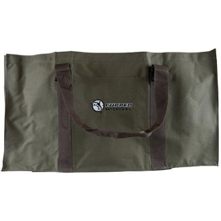 Olive green duffel bag with dark brown handles and a logo on the front, used for carrying gear.