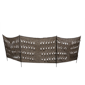 Brown perforated privacy screen panels stretched between metal stakes to form a curved outdoor barrier.