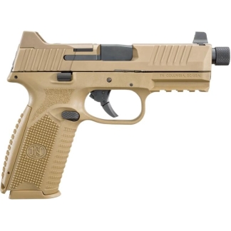 Left-side view of a tan-colored semi-automatic pistol with a textured grip and rail.