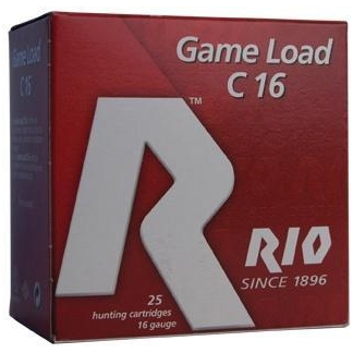 Red Rio Game Load C16 shotgun shells box, 25 cartridges, 16 gauge, brand logo visible on front.