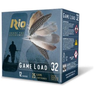 Box of Rio Game Load 32 shotgun shells, 12 gauge, with feather illustration and hunter silhouette.