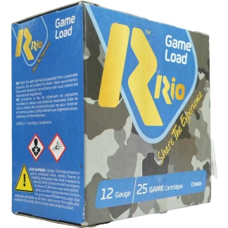 Blue camouflage box of Rio Game Load 12 gauge shotgun shells, 25 cartridges.