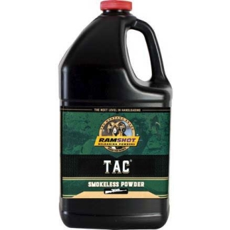 One-gallon black plastic jug of Ramshot TAC smokeless powder with a red cap and green label.