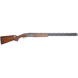 Side view of a break-action double-barrel shotgun with a wooden stock and forend, facing to the right.