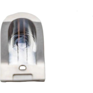 Metal wall-mounted light fixture with a curved glass lens and small lower opening.