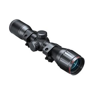 Black rifle scope with two adjustment turrets and protective lenses, shown from the side.