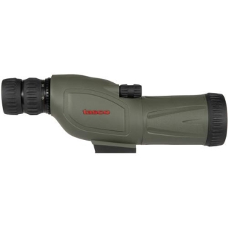 Olive green Tasco monocular with black eyepiece on the left and objective lens on the right, featuring rubber grip, adjustable focus knobs, and a small mounting base underneath.