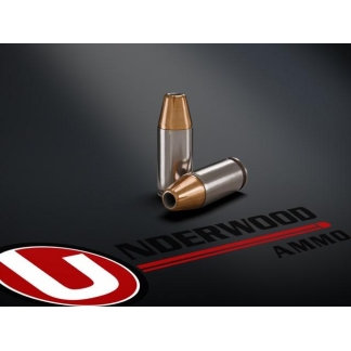 Two copper‑jacketed bullets on a dark surface next to the Underwood Ammo branding.