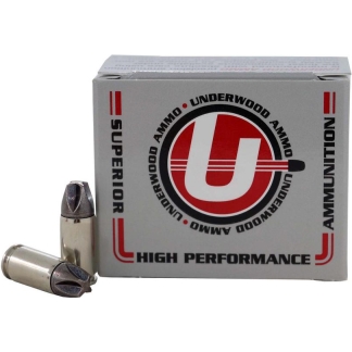 Gray ammunition box labeled 'High Performance' with two brass cartridges resting in front.
