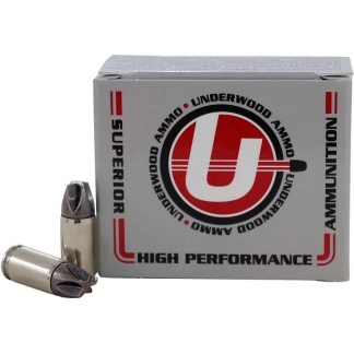 Box of Underwood High Performance ammunition with two pistol cartridges beside it on a white background