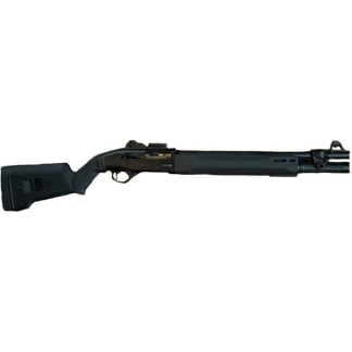 Side view of a black shotgun with a collapsible stock and long barrel, pointing to the right.