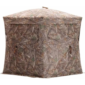 Camouflage hunting ground blind with zipped exterior panels and a top vent.