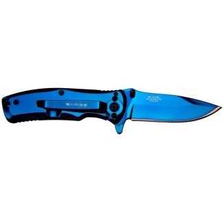 Blue folding knife with a black pocket clip and partially extended blade, set against a white background.