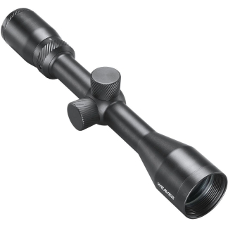 Black rifle scope with two adjustment turrets and a large objective lens, branded Weaver