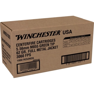 Box of Winchester centerfire ammunition: 5.56mm M855 Green Tip, 62 gr full metal jacket, 1000 rounds.