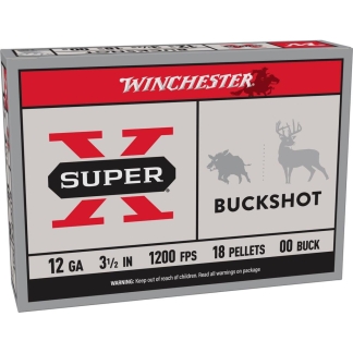 Winchester Super-X buckshot ammunition box: 12 gauge, 3.5 inch shells, 1200 FPS, 18 pellets (00 buck).