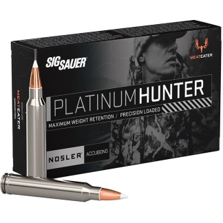Box of SIG SAUER Platinum Hunter ammunition with two copper-tipped bullets in front of it