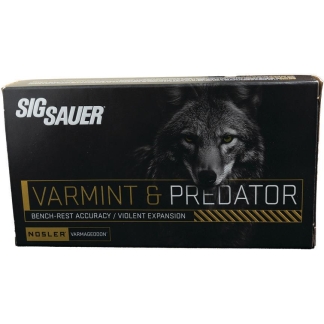 Box of SIG SAUER Varmint & Predator ammunition featuring a snarling wolf image and gold typography on a black background, highlighting the product name.