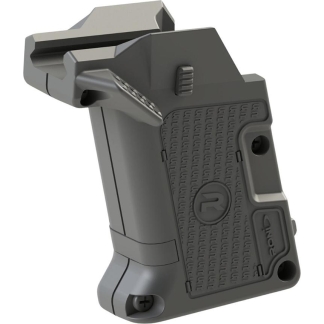 Pistol grip-style firearm accessory with textured panel and rail clamp for attaching to a rail system on a gun surface.