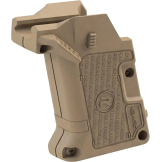 Tan polymer pistol grip accessory for a rifle, featuring a textured surface and integrated storage area on the side.