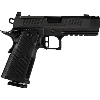 Side view of a black semi-automatic pistol with a textured grip on a white background.