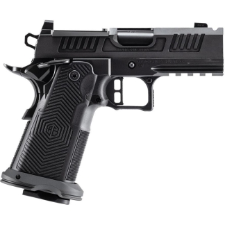 Black semi-automatic pistol in right-side profile with a textured grip and accessory rail.