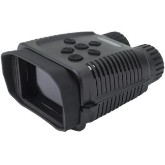 Compact night vision monocular with front lens and rubberized housing, including control buttons on top