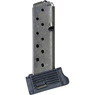 Metal handgun magazine with round witness holes and a detachable baseplate visible at the bottom