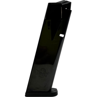 Black handgun magazine standing upright at an angle on a flat base, seen from the side, with a glossy finish.