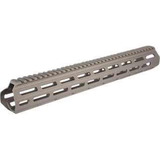 Gray free-float rifle handguard with multiple M-LOK slots and vented sections long cylindrical design