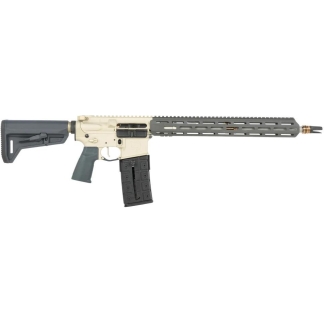 AR-style rifle with collapsible stock, beige receiver, black magazine, and long gray rail handguard on a white background.