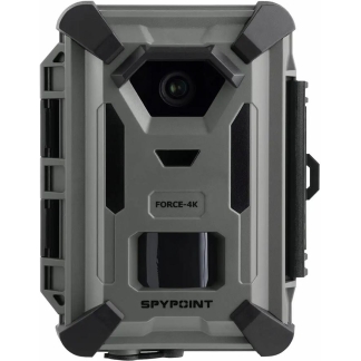Rugged gray trail camera with lens at the top center, displaying FORCE-4K and SPYPOINT branding for wildlife surveillance.
