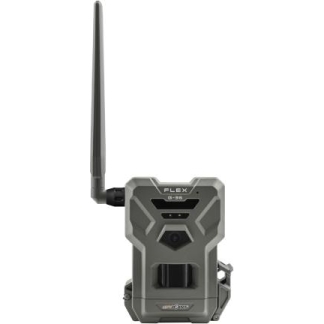 Rugged wildlife trail camera with a tall external antenna and lens facing forward