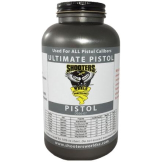 Gray plastic bottle labeled 'Shooters World Ultimate Pistol' used for all pistol calibers, with the logo and product details visible on the label.