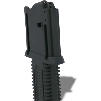 Black detachable firearm magazine standing upright against a white background.