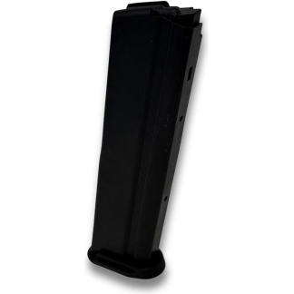 Black pistol magazine standing upright on a white background, a firearm accessory.