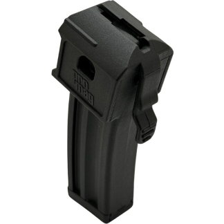 Black pistol magazine with a textured top and curved body, viewed at an angle.