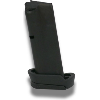 Black handgun magazine with a rounded base resting on a white background.