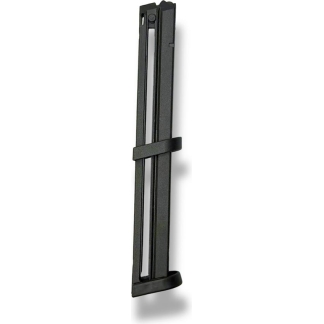 Black pistol magazine standing upright, shown in side view with a curved bottom plate.