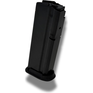 Black pistol magazine with curved baseplate, viewed at an angle on a white background.